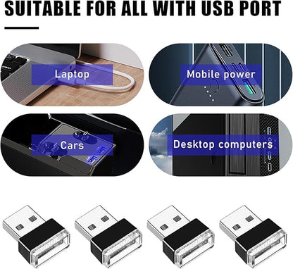 4 PCS USB LED Car Interior Atmosphere Lamp, Portable Mini LED Night Light, Plug-in USB Interface Trunk Ambient Lighting Kit, Universal Interior Car Accessories (Purple)