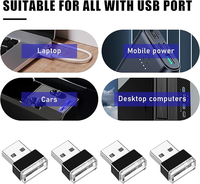 4 PCS USB LED Car Interior Atmosphere Lamp, Portable Mini LED Night Light, Plug-in USB Interface Trunk Ambient Lighting Kit, Universal Interior Car Accessories (Yellow)