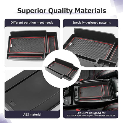 LUWU Center Console Organizer Compatible with Bronco Sport 2021-2026/Ford Escape 2020-2026 Accessories Armrest Console Storage Box Insert Tray ABS Material Black Coin Container Red