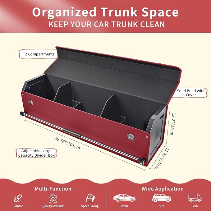 Car Trunk Organizer for Honda CR-V 2017-2022, Collapsible Sturdy Trunk Storage Container with Lid and Handle Large Leather Car Trunk Storage (Red,39.7 x 11.4 x 12.2in)