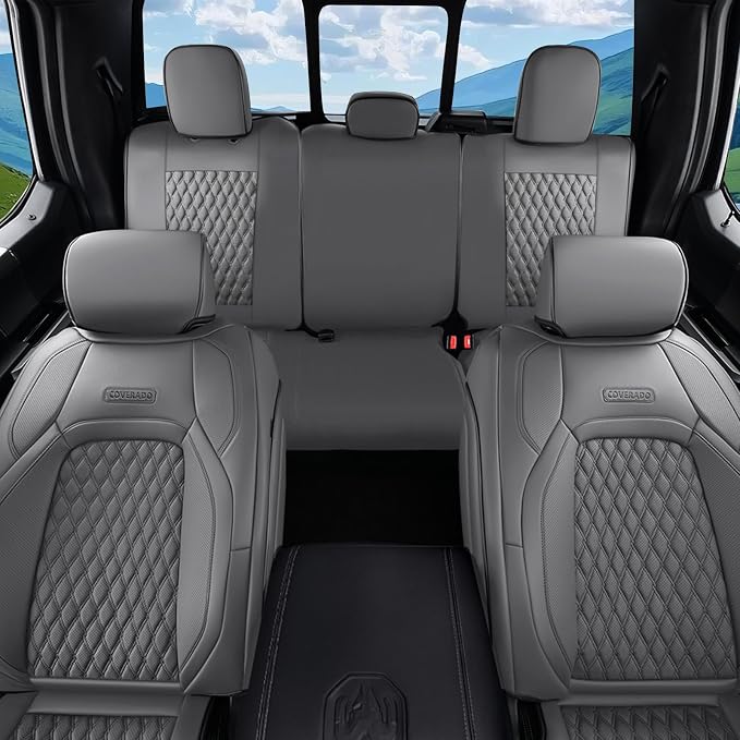 Coverado Ram Car Seat Covers Fullset, Leather Gray Car Seat Covers for Dodge RAM 1500 Compatible with 2010-2023 2500 3500 Crew/Mega Cab