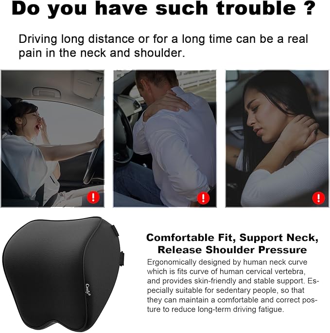 Crofy 2-Pack Car Neck Pillow, Softness Car Headrest Pillow for Driving with Adjustable Strap, 100% Memory Foam and Breathable Removable Cover, Comfortable Ergonomic Design, Black