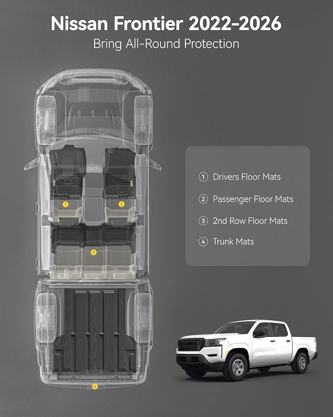 3W Floor Mats & Truck Bed Mat for Nissan Frontier 2025 2024 2023 2022 Crew Cab(NOT for 2nd with Under Seat Speaker), All Weather TPE Custom Fit Car Liner for Frontier