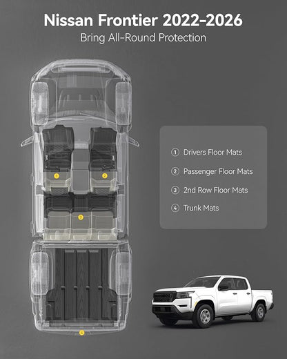 3W Floor Mats & Truck Bed Mat for Nissan Frontier 2025 2024 2023 2022 Crew Cab(NOT for 2nd with Under Seat Speaker), All Weather TPE Custom Fit Car Liner for Frontier