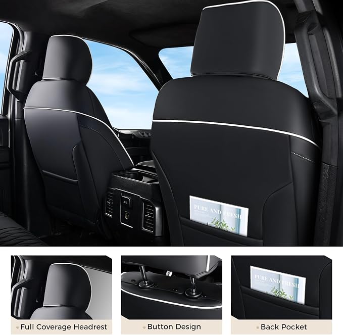 Coverado Premium Leather Full Set Seat Covers Waterproof Heavy-Duty Protectors Custom Fit for Ford F150 (2015-2026) F250/F350/F450 (2017-2026)-Black w/White Stitching, Wear-Resistant