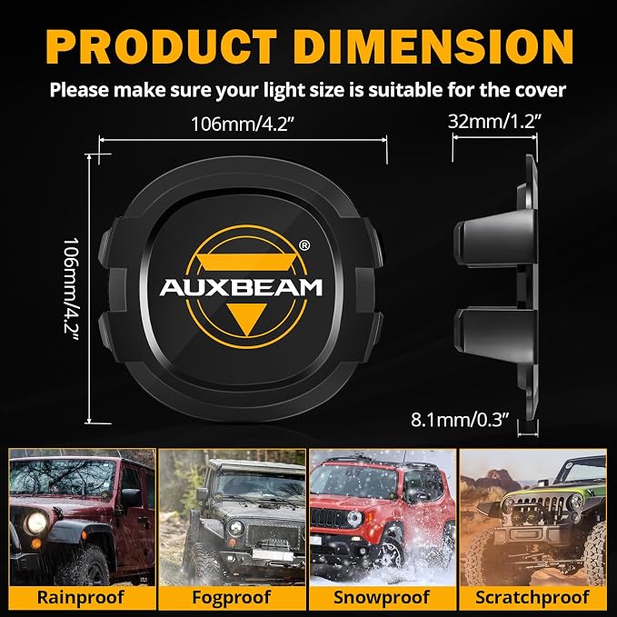 Auxbeam 4 inch LED Pod Covers, 2PCS Black Round Offroad Driving Work Lights PC Protective Covers, Light Bar Lens Covers Waterproof Dustproof for Truck SUV ATV UTV Jeep Wrangler Motorcycle