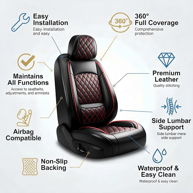 Car Seat Covers Compatible with Hyundai Santa Fe 2009-2025 2026 - Full Set 5 Seats Luxury Leather All-Weather Seat Cushions & Protectors, Waterproof & Breathable, Airbag Compatible (Redline)