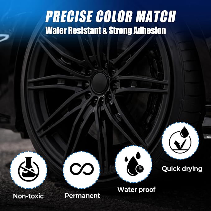Matte Black Rim Touch Up Paint, 2-in-1 Brush & Tip, 0.4 fl oz - Universal Black Rim Curb Rash Repair Kit for Scratches, Scuffs Alloy/Metal Wheels, OEM Color Match, Quick-Dry & Long-Lasting