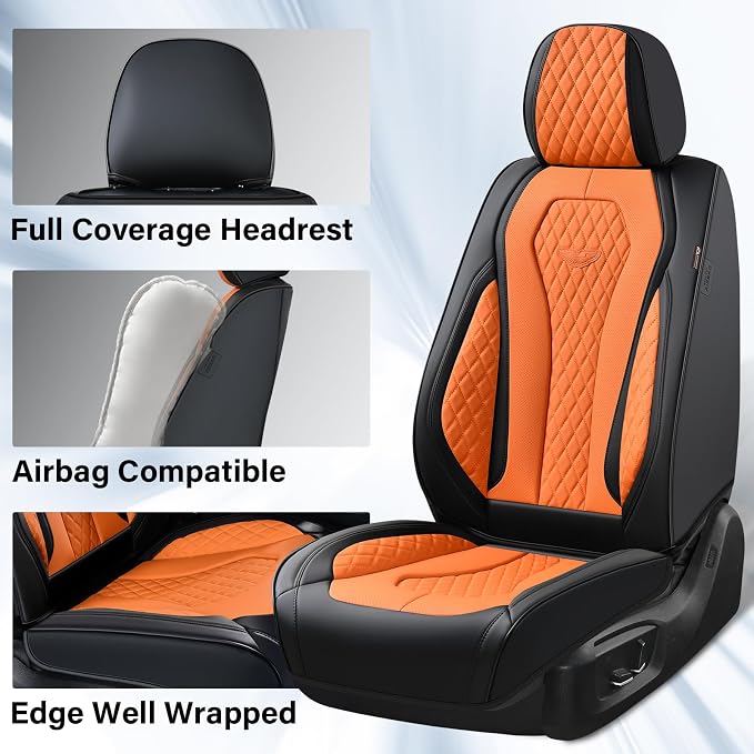 Coverado Automotive Seat Covers, Car Seat Covers Full Set, Orange Car Seat Cover, Driver Seat Covers, Luxury Car Seat Cushion,Leather Seat Cover Seat Protector Fit for Most Cars