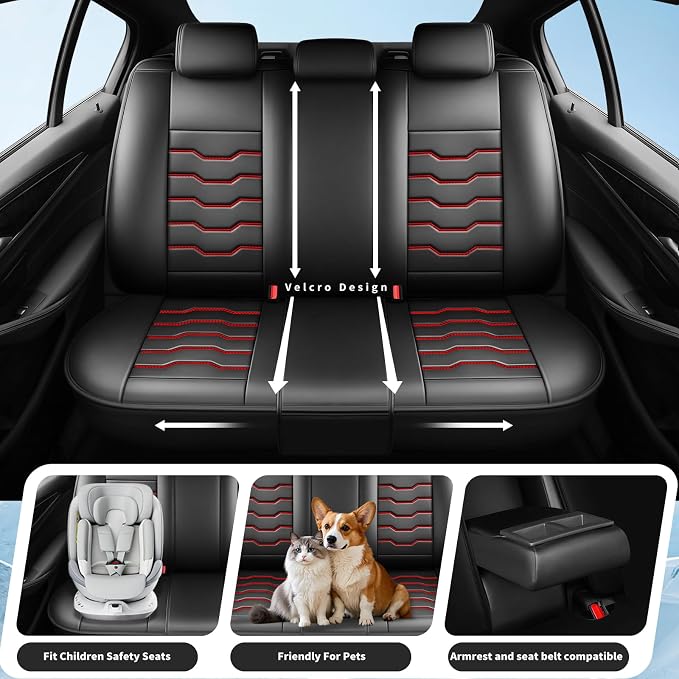 Fit Renegade Car Seat Covers for Jeep Renegade 2015-2024 -Full Set Premium Leather, Waterproof & Breathable，All-Weather Seat Cushion Protecto & Airbag Compatible, 5 Seats Red Line Black