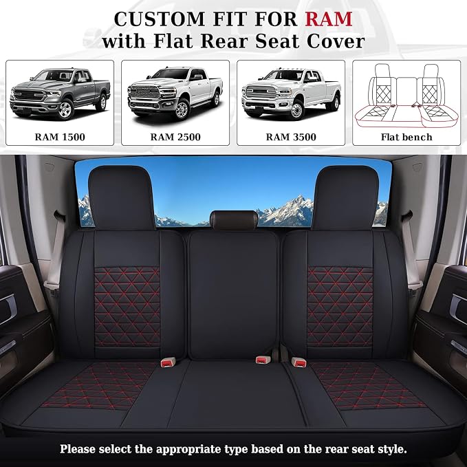 Coverado Seat Covers Full Set, Waterproof RAM 1500 Seat Cover Compatible with 2002-2026 Dodge RAM 1500 2500 3500 Truck Pickup Crew Double Mega Quad Cab with Flat Bench, Red
