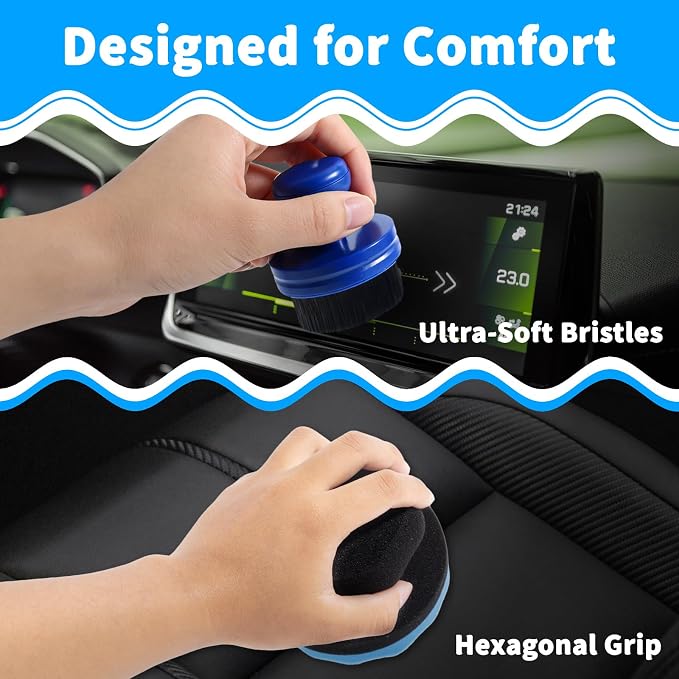 SIMPOR Tire Shine Applicator Brush and Hex Grip Sponge Pad Kit, Soft Bristle Tire Dressing Applicator with Storage Stand, No Mess Car Detailing Wave Foam Sponge Tool for Cleaning Waxing (2 Pack)