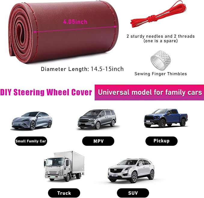 Ziciner Genuine Leather Steering Wheel Cover, Stitch on Wrap, Breathable Anti-Slip Car Steering Wheel Protector for Max Diameter 15 Inch, DIY Sewing with Needles Thread (Wine Red, Glossy)