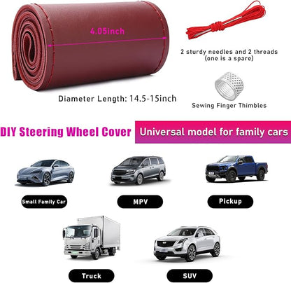 Ziciner Genuine Leather Steering Wheel Cover, Stitch on Wrap, Breathable Anti-Slip Car Steering Wheel Protector for Max Diameter 15 Inch, DIY Sewing with Needles Thread (Wine Red, Glossy)