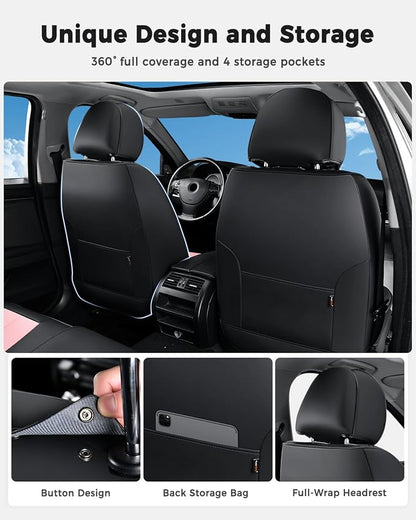 Huidasource Seat Covers Full Set, Universal Fit for Most Cars SUV Trucks, Full Coverage Leather Seat Cover, Airbag, Cupholder Compatible, Seat Function Retain, Easy Install with Velcro, Black & Pink