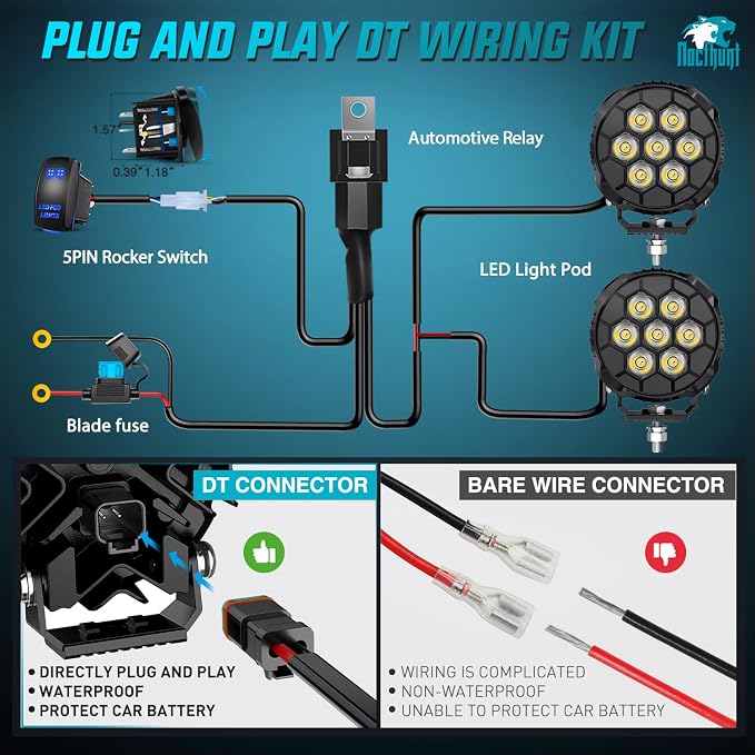 Nilight LED Pod Light 2 PCS 4.1 Inch 35 W 7 LED Round Hyper Spot Beam Offroad Driving Lights w/16 AWG Rocker Switch Wiring Harness Kit for Truck Motorbike Boat ATV UTV