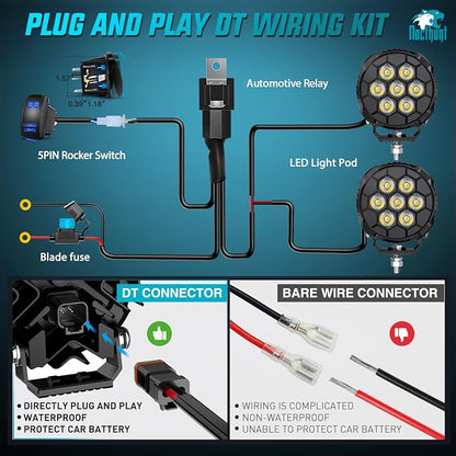 Nilight LED Pod Light 2 PCS 4.1 Inch 35 W 7 LED Round Hyper Spot Beam Offroad Driving Lights w/16 AWG Rocker Switch Wiring Harness Kit for Truck Motorbike Boat ATV UTV