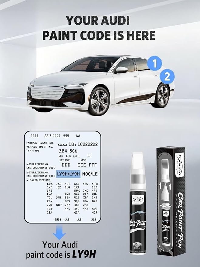 Glacier White Metallic(LS9R/2Y) for Audi Touch Up Paint Pen, 2 in 1 Car Scratch Remover with Pen Tip and Brush, Precise Color Match for Car Paint Scratch Repair, Quickly and Easily Fix Chips and Nicks