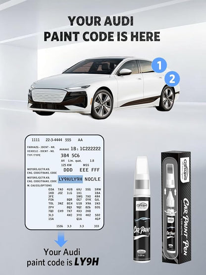 Ibis White(LY9C) for Audi Touch Up Paint Pen, 2 in 1 Car Scratch Remover with Pen Tip and Brush, Precise Color Match for Car Paint Scratch Repair, Quickly and Easily Fix Chips and Nicks