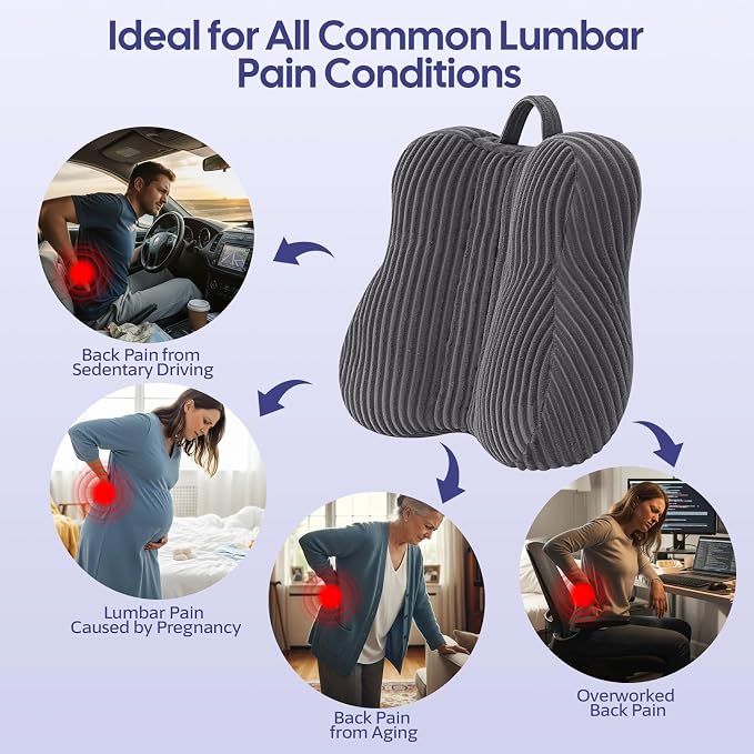Lumbar Support Pillow for Recliner, Back Support Pillow for Office Chair, Back Cushion with Shredded Foam for Back Pain Relief & Reading, Lumbar Cushions for Couch, Sofa Seat, Car, Grey