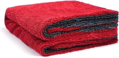 Greenfound 1000GSM Car Drying Towel 18"x24", Edgeless Double Twist Pile, Ultra Absorbent Microfiber Towel, Scratch-Free Lint-Free Streak-Free for Auto Detailing & Car Wash – Red&Grey