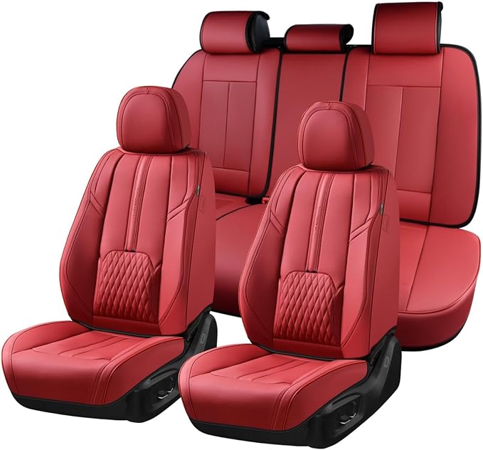 Coverado Front and Back Seat Covers, Red Seat Cover for Cars, Luxury Leather Seat Cover with Lumbar Support, Waterproof Car Seat Cushions Car Seat Protectors Universal Fit for Most Cars SUV Trucks