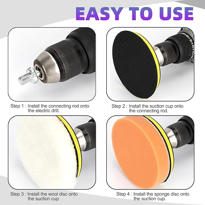 11Pcs 3 Inch Car Foam Drill Polishing Pad Kit, 5 Color Graded Sponge Buffing Pads + Wool Buff Pad, Hook & Loop Backing Plate with M10 Drill Adapter for Auto Detailing, Polishing, Waxing, Sealing Glaze