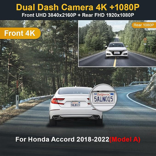 Fitcamx Front 4K+Rear 1080P Dash Cam Adapts for Honda Accord 2018-2022 Hybrid (Model A), OEM Factory Look, 2 Way HD Video, Built-in WiFi & APP, Loop Recording, G-Sensor, Easy to Use, 128GB Card