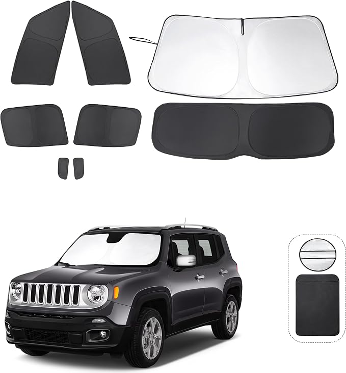 TINGLU Window Shades for Jeep Renegade 2015-2024 Accessories Car Side Full Windows Rear Triangular Windshield Sun Shade Sun UV Rays Privacy Protection for Camping Napping 8PCS