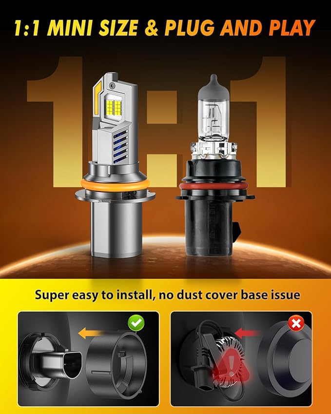 Termitor 9004 HB1 Bulbs Hi/Low Beam, 50,000LM 6500K White Brightness, True 1:1 Halogen Size, 85000+ Hours Lifespan, 3 Min Plug-N-Play 9004 Fog Lights with Cooling Fan, Pack of 2