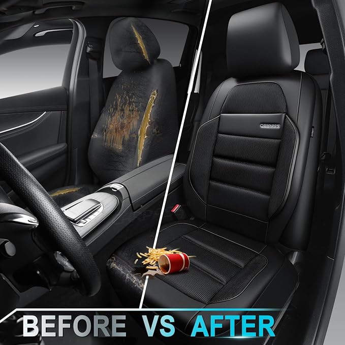 CAR PASS Memory Foam Seat Covers Front, Airy Cool Mesh Thick Car Seat Covers, Leather Car Seat Covers Front Seats Airbag Compatible, Universal Automotive Comfort for Most Cars, Trucks, SUV, Black