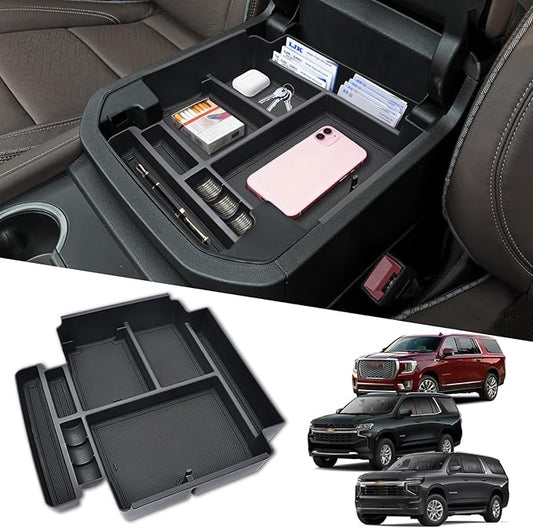 Center Console Organizer fit for 2021-2026 GMC YuKon Denali, Chevy Suburban/Tahoe Mini Compartments Design ABS Plastic Armrest Storage Box Insert Tray (ONLY for Power-Sliding Console)|Easy to Install|