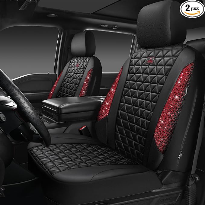 CAR PASS Bling Diamond Black Leather Car Seat Covers for 2 Front Interior Sets, Waterproof Shining Glitter Sparkly Crystal Universal Armrest Fit Automotive Truck SUV Cute Women Girl, Red Rhinestone