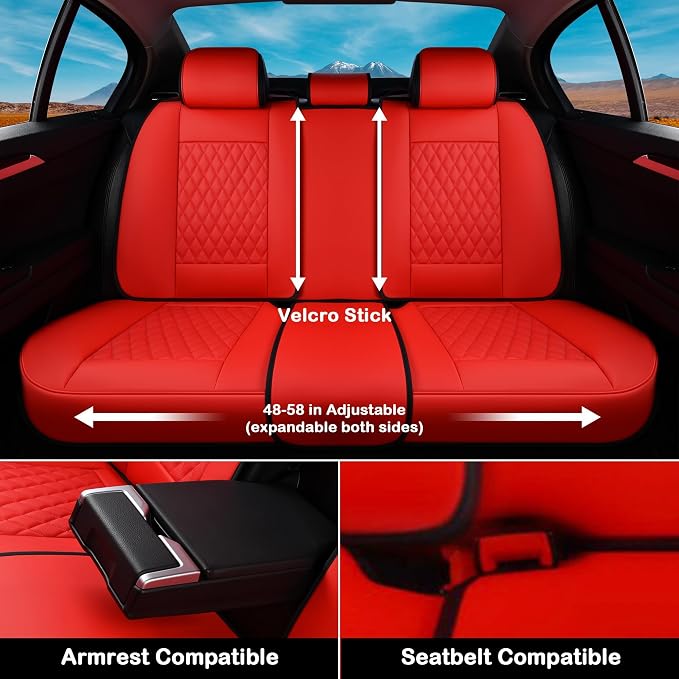 Coverado Car Seat Covers Full Set, Automotive Front and Rear Seat Covers with Backrest, Nappa Leather Car Seat Protectors Waterproof, Universal for Most Vehicles, Red