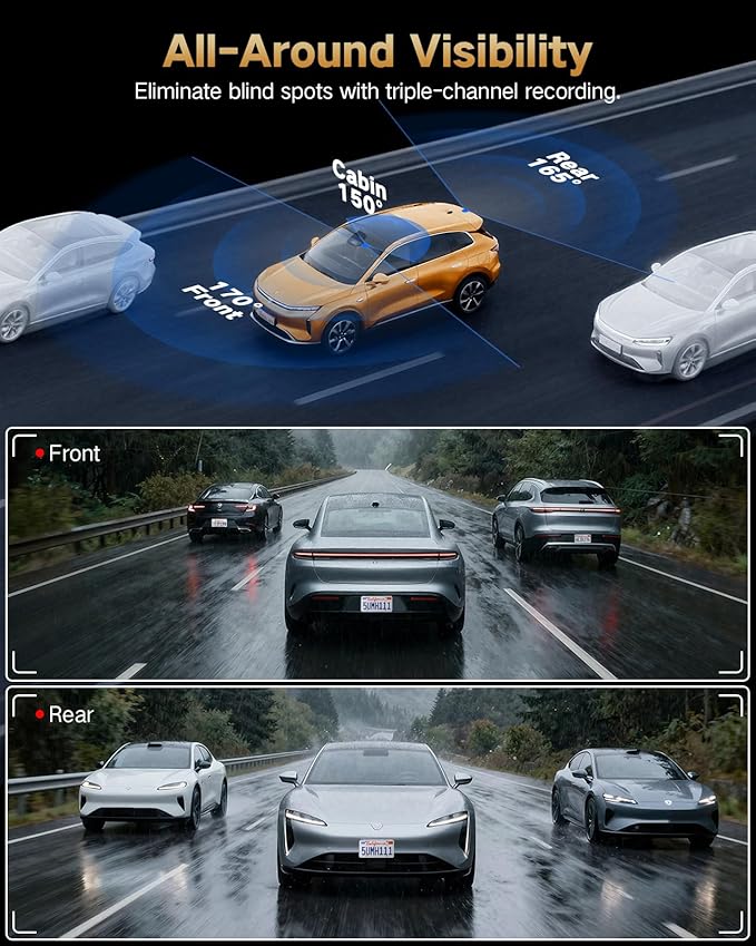 4K Dash Cam Front and Rear Inside, 3 Channel Dash Camera for Cars with 64GB SD Card, 5G WiFi Dash Cam, APP Control, Night Vision, 3" IPS Screen, G-Sensor, Loop Recording, K02 Pro