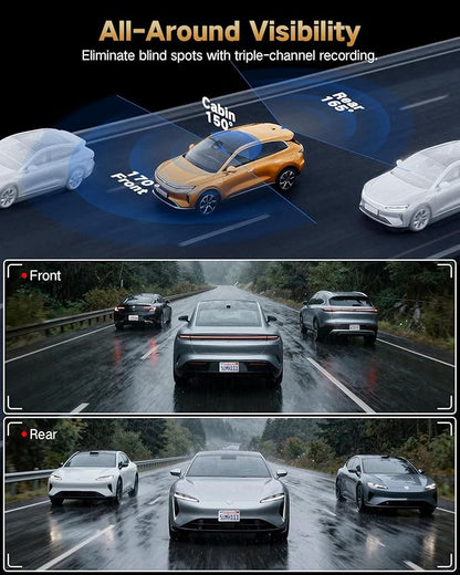 4K Dash Cam Front and Rear Inside, 3 Channel Dash Camera for Cars with 64GB SD Card, 5G WiFi Dash Cam, APP Control, Night Vision, 3" IPS Screen, G-Sensor, Loop Recording, K02 Pro