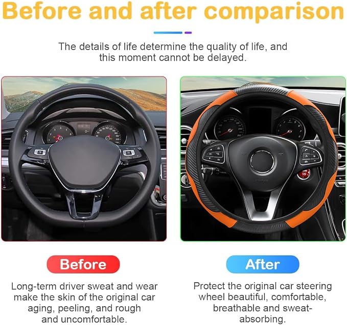 Osilly Car Steering Wheel Cover, 15 inch Carbon Fiber Microfiber PU Leather Elastic Steering Wheel Protector for Men Women, Anti-Slip Breathable Car Interior Accessories for Most Cars (Black/Orange)