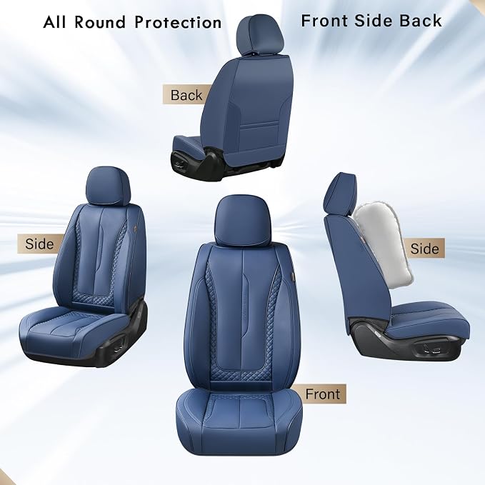Coverado Car Seat Cover Full Set, Blue Seat Covers Front Seats Back Seat Covers, Nappa Leather Waterproof, Car Seat Cushion, Car Seat Protector Universal Fit Most Cars