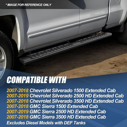 Auto Dynasty Running Boards Compatible with 2007-2019 Chevrolet Silverado GMC Sierra 1500 2500HD 3500HD Extended Cab, Stainless Steel Side Step Rail Nerf Bars, 6.3" Step Bars, Black Powder Coated