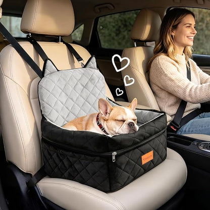 Dog Booster Car Seats for S/M Dogs Up to 35lbs,Pet Car Seat/Travel Bed with Washable&Removable Cover,Storage Pockets,Dog Safety Belt and Elevated Cushion Fits in Front/Back Seat