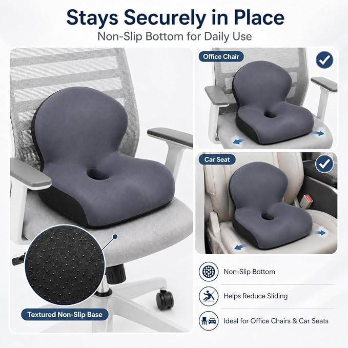 Memory Foam Office Chair Cushion with Back Support, Ergonomic Seat Cushion for Office Chair and Car Seat, Pressure Relief for Long Sitting (Dark Grey)