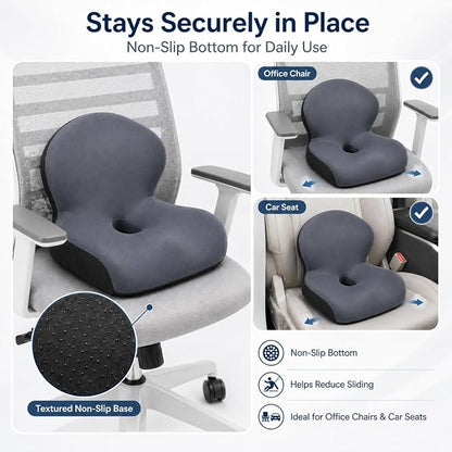 Memory Foam Office Chair Cushion with Back Support, Ergonomic Seat Cushion for Office Chair and Car Seat, Pressure Relief for Long Sitting (Dark Grey)