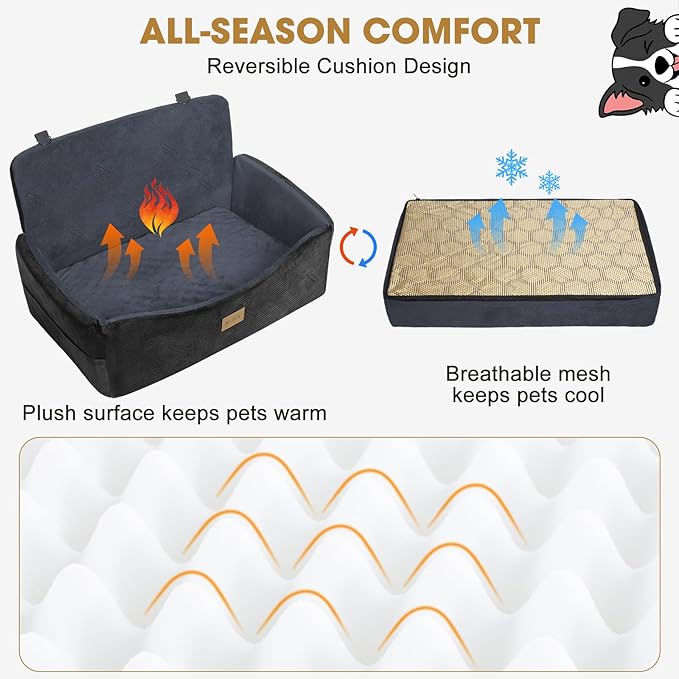 Dog Car Seat for Large Medium Sized Dogs Under 55 lbs, Dog Booster Seat for 2 Small Dogs with Detachable Washable Cover and Cushion, Memory Foam Pet Car Seat with 2 Safety Belts and Storage Pockets