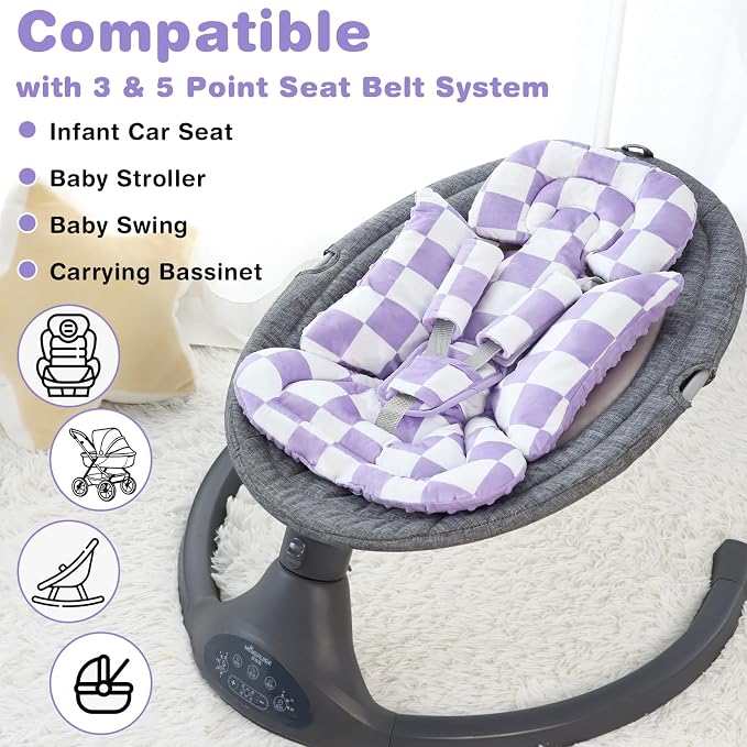 DILIMI Infant Car Seat Insert, Baby Car Seat Head Support with 3 Strap Paddings, Soft Newborn Car Seat Cushion for Stroller, Swing, Bouncers, Purple Checkered