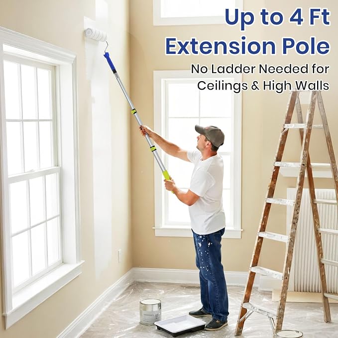 54 PCS Paint Roller Kit with Extension Pole, All-in-One Painting Supplies & Repair Set for Home DIY - Includes 4” & 9” Rollers, Brushes, Hand Sander, Drop Cloth for Walls, Ceilings, Wood Furniture