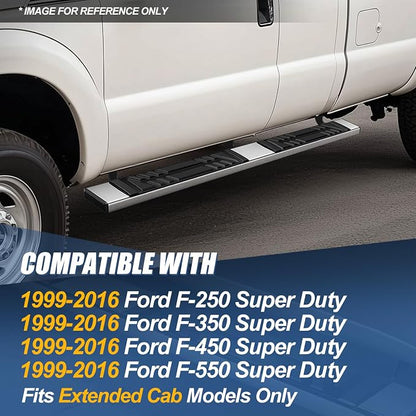 Auto Dynasty Running Boards Compatible with 1999-2016 Ford F-250 F-350 F-450 Super Duty Extended Cab, Stainless Steel Side Step Rail Nerf Bars, 6.5" x 73" Step Bars, Polished Chrome