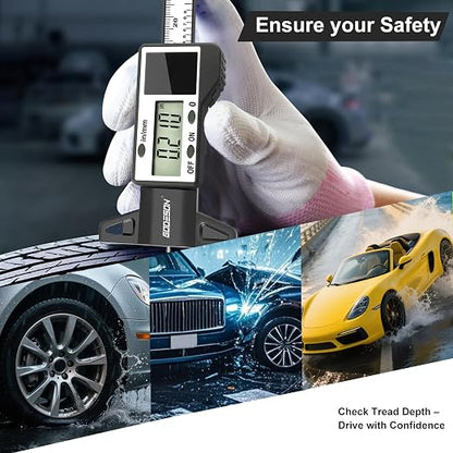 GODESON Digital Tire Tread Depth Gauge, Solar & Battery Power,1" / 25.4mm Range, Inch/MM Display, Black Universal Tire Wear Depth Gauge for All Vehicles (Car, Truck, SUV)