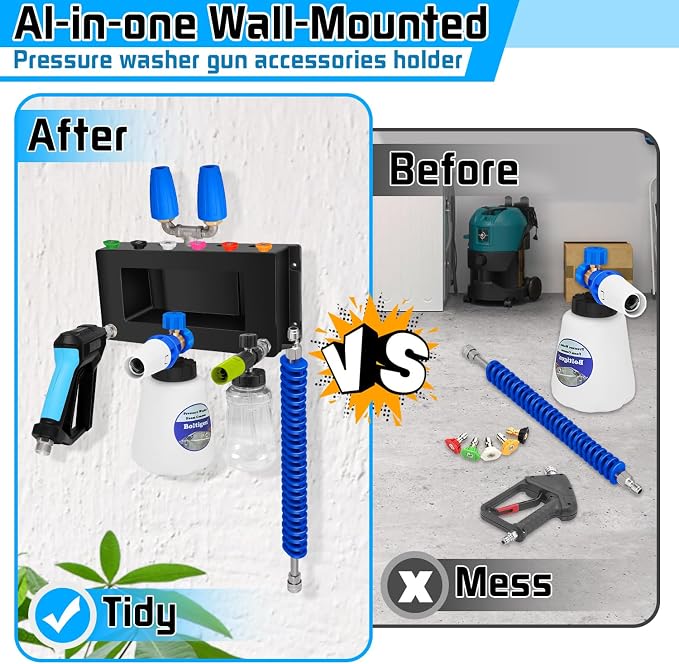 Boltigen Wall Mounted Pressure Washer Gun Holder, Foam Cannon Organize Holder, Car Wash Power Washer Tip and Extension Wand Holder, 1/4'' Quick Connect Pressure Washer Accessories Storage Rack