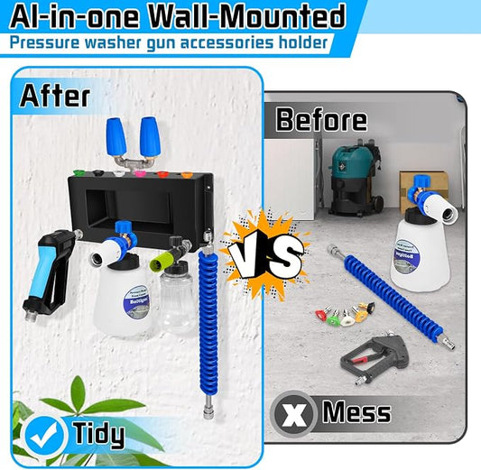 Boltigen Wall Mounted Pressure Washer Gun Holder, Foam Cannon Organize Holder, Car Wash Power Washer Tip and Extension Wand Holder, 1/4'' Quick Connect Pressure Washer Accessories Storage Rack