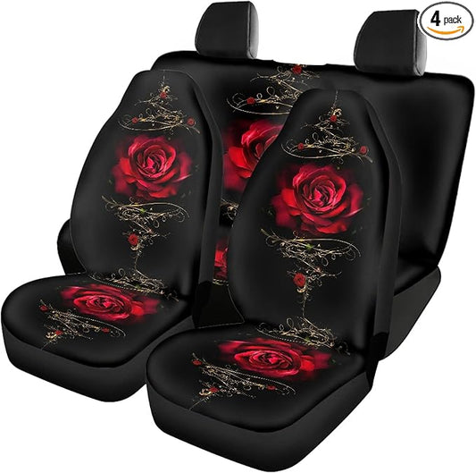 Red Rose Car Seat Covers Full Set,Vintage Floral Decorative Flower Print Vehicle Front Rear Bench Cushion Protectors for Women Men Auto Interior Accessories Universal Fit for Trucks Sedans